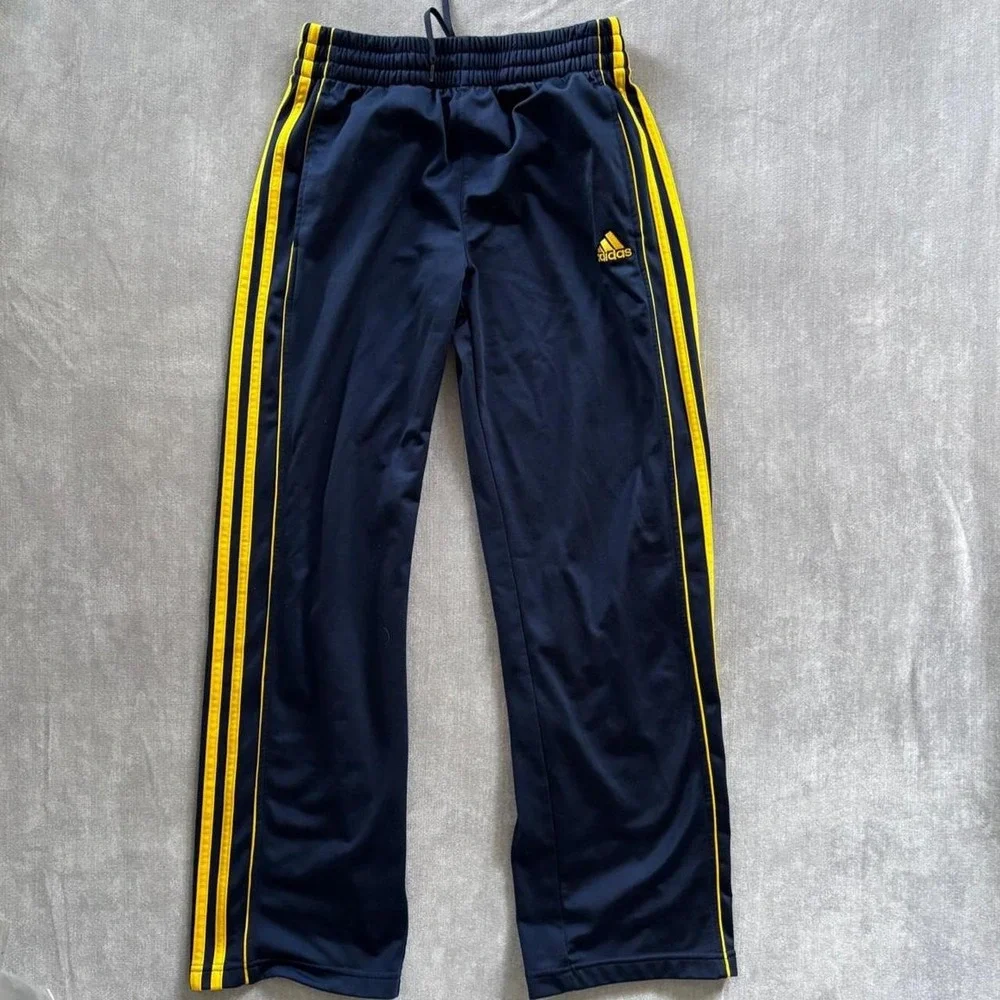 Adidas Kids Navy Blue Yellow Stripe Track Pants Size L 14/16